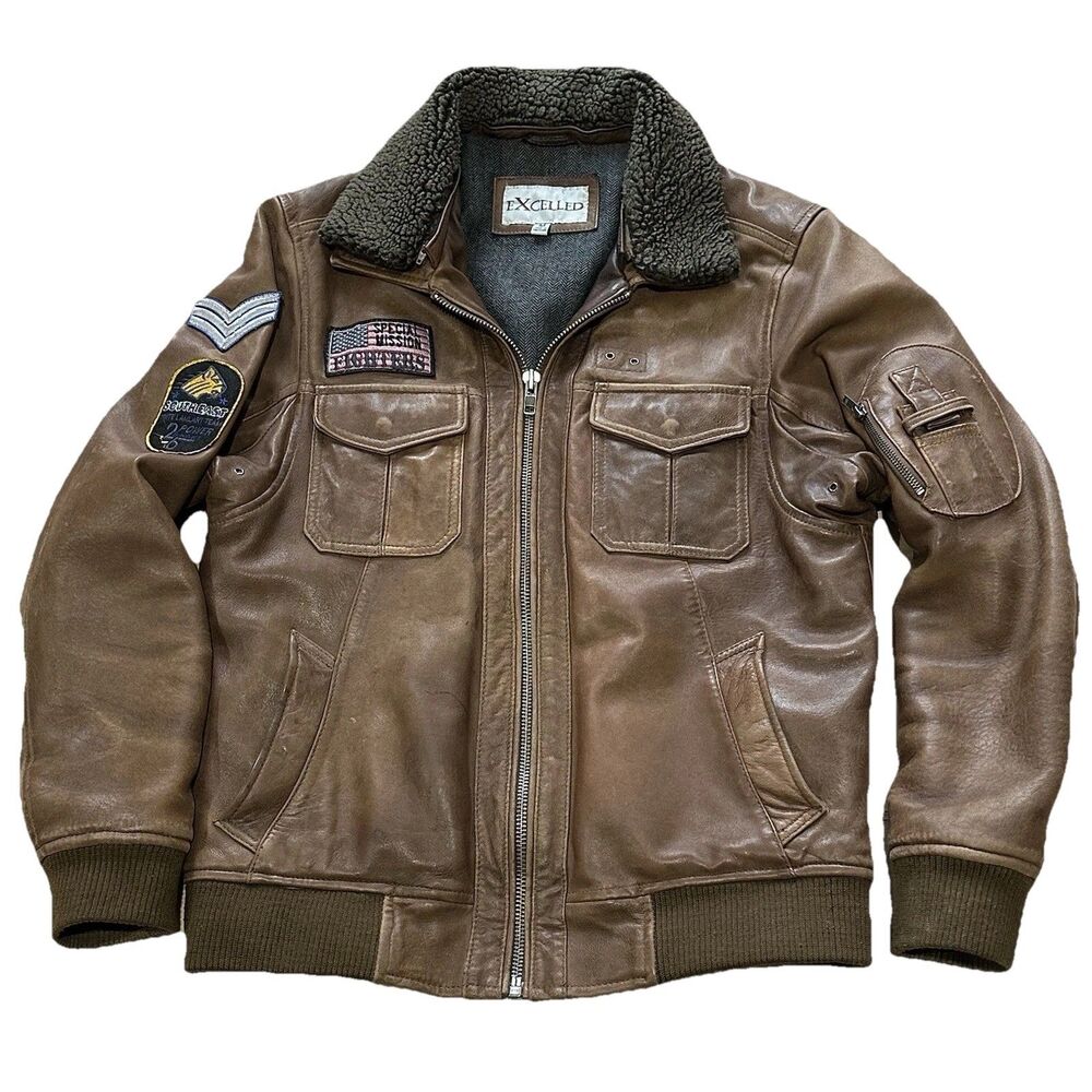 Vtg Excelled Bomber Aviator Jacket Leather Brown Men M Rider Distressed Patches
